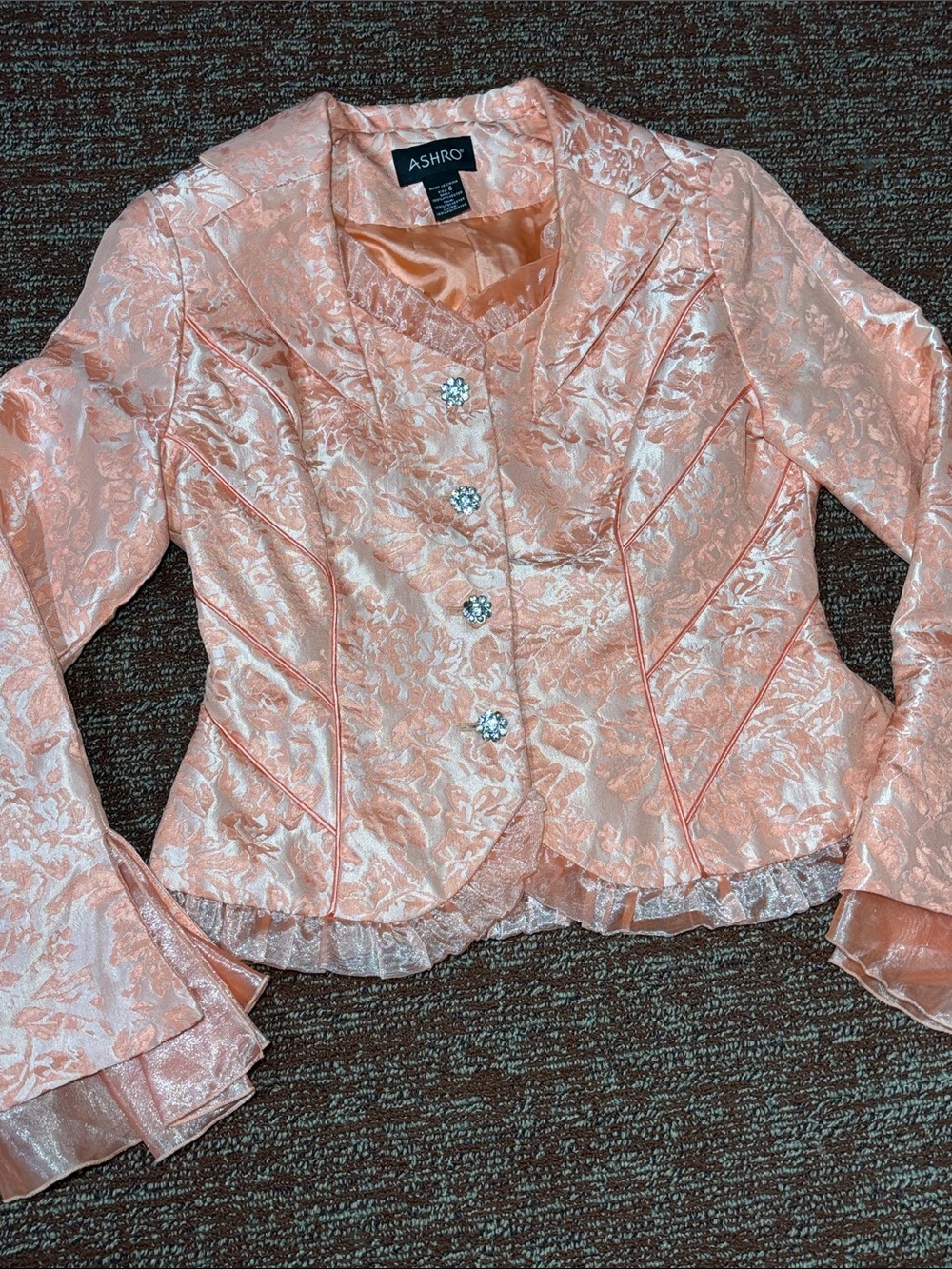 Vintage blazer pink satin jacquard brocade ruffle Victorian feminine tailored 6